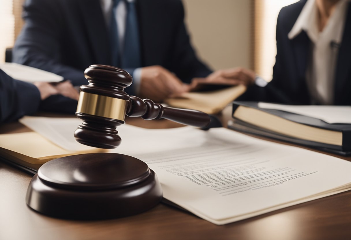 A courthouse with a judge presiding over a legal dispute, lawyers presenting arguments, and a document being stamped as discharged