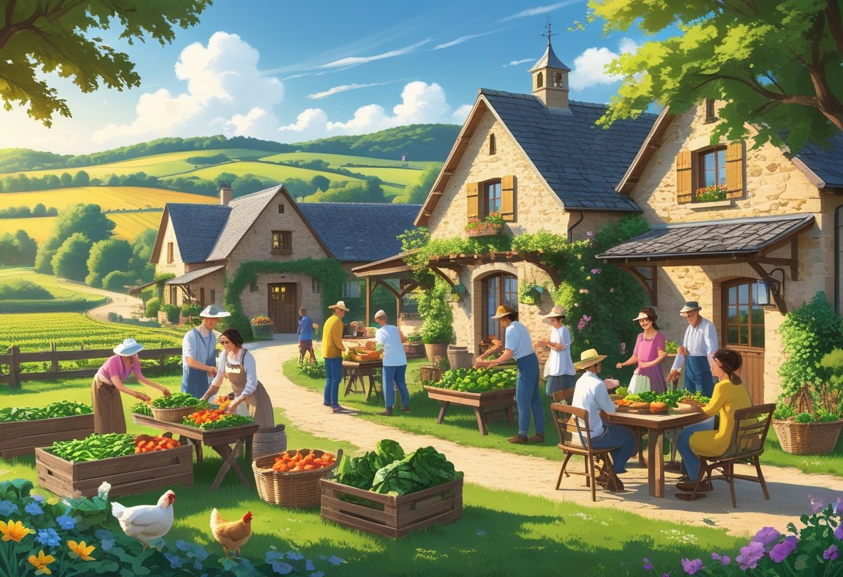 A European farm with cottages, green fields, guests engaging in farm activities, and farm animals under a sunny sky.