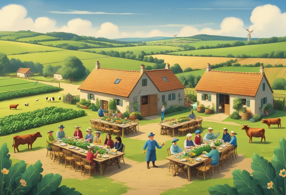 A European countryside farm with people enjoying outdoor dining among fields, farmhouses, and grazing animals.