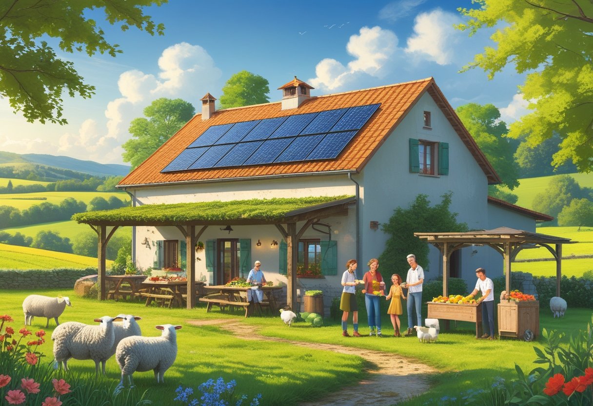 A European farmhouse surrounded by green fields with guests enjoying outdoor dining, farm animals, and fresh produce in a rural setting.