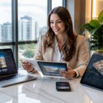 A real estate agent working with multiple digital devices showing real estate software in a modern office with a city view.