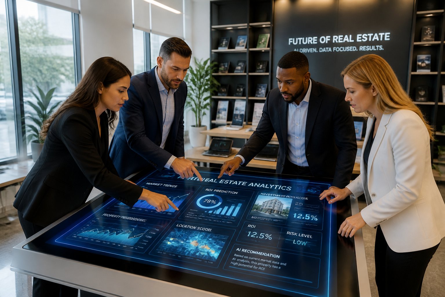 A group of real estate agents collaborating around a digital touchscreen table displaying AI data and market graphs in a modern office.
