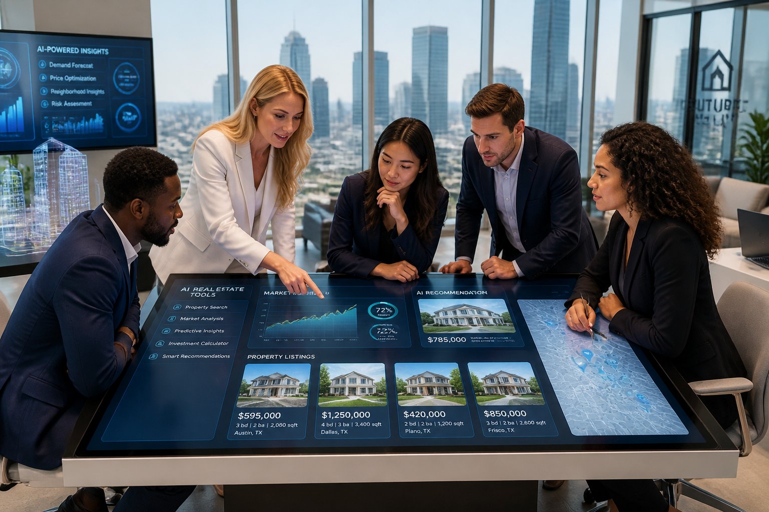A diverse group of real estate agents working together around a digital touchscreen table showing AI tools in a modern office.