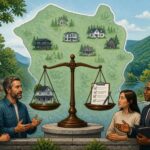 Illustration showing a map of Ulster County with homes, a balanced scale with a house and document, and people discussing regulations in a neighborhood setting.