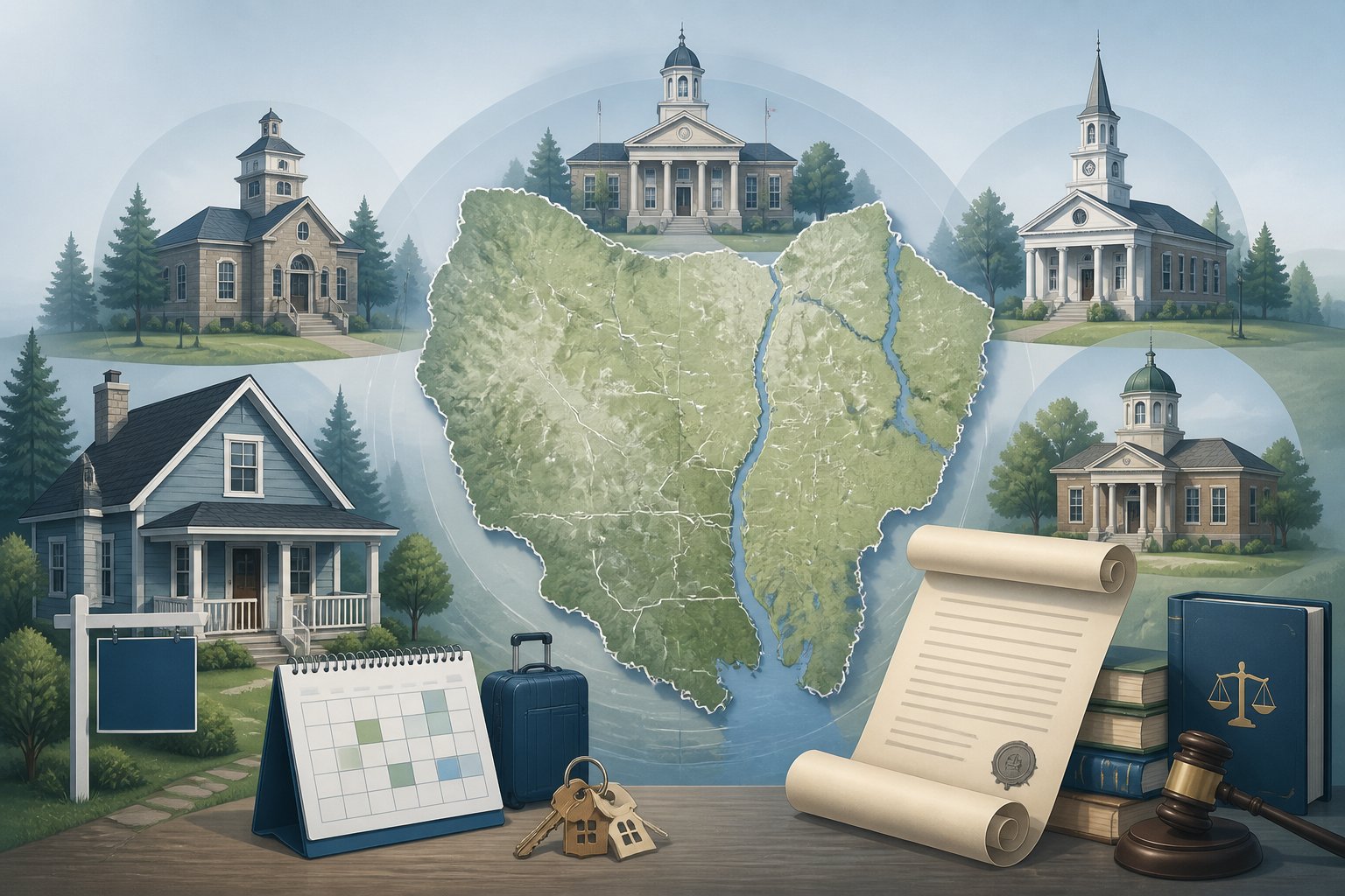 A map outline of Ulster County surrounded by icons of a house with a rental sign, a calendar, legal documents, and government buildings representing local regulations on short term rentals.