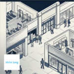 Editorial illustration of neighboring gym, coffee, grocery and clothing uses in a generic shopping center; Victor Jung thumbnail.