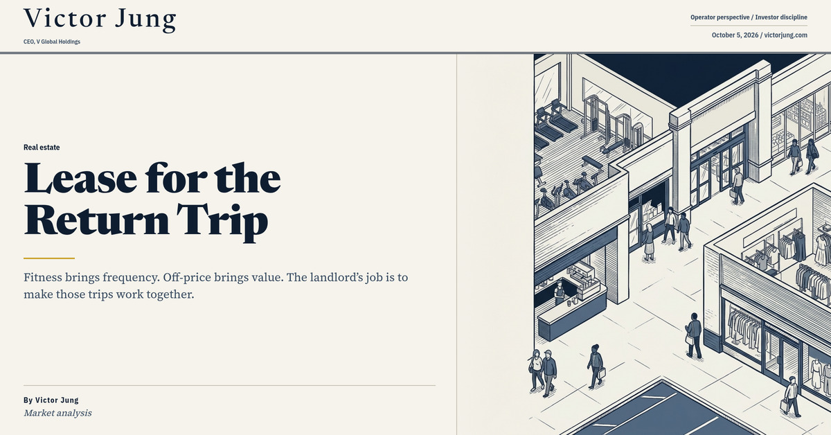 Editorial illustration of neighboring gym, coffee, grocery and clothing uses in a generic shopping center; Lease for the Return Trip headline card.