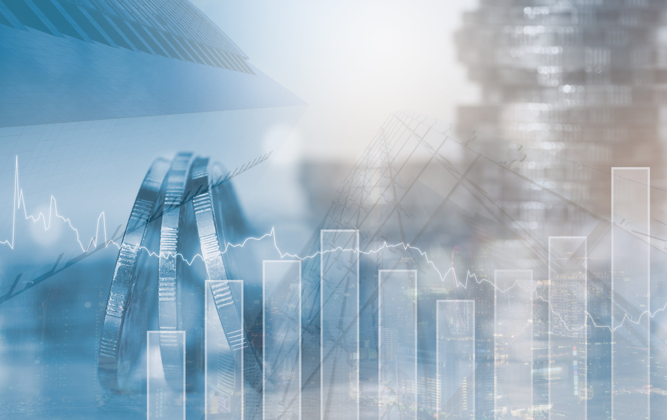 Business investment concept Business finance investment concept. Double exposure of coins and business buildings in the city with financial graph and copy space for background